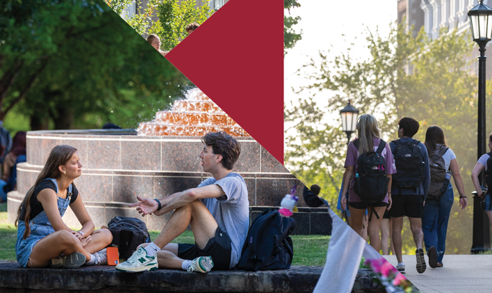 students walking on UofA campus and a group of two sitting by a fountain